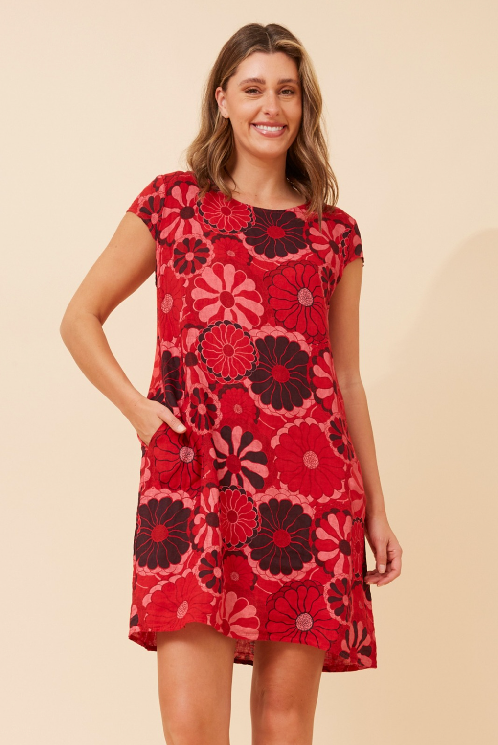 Bottega Moda Cap Sleeve Linen Printed Dress in Red