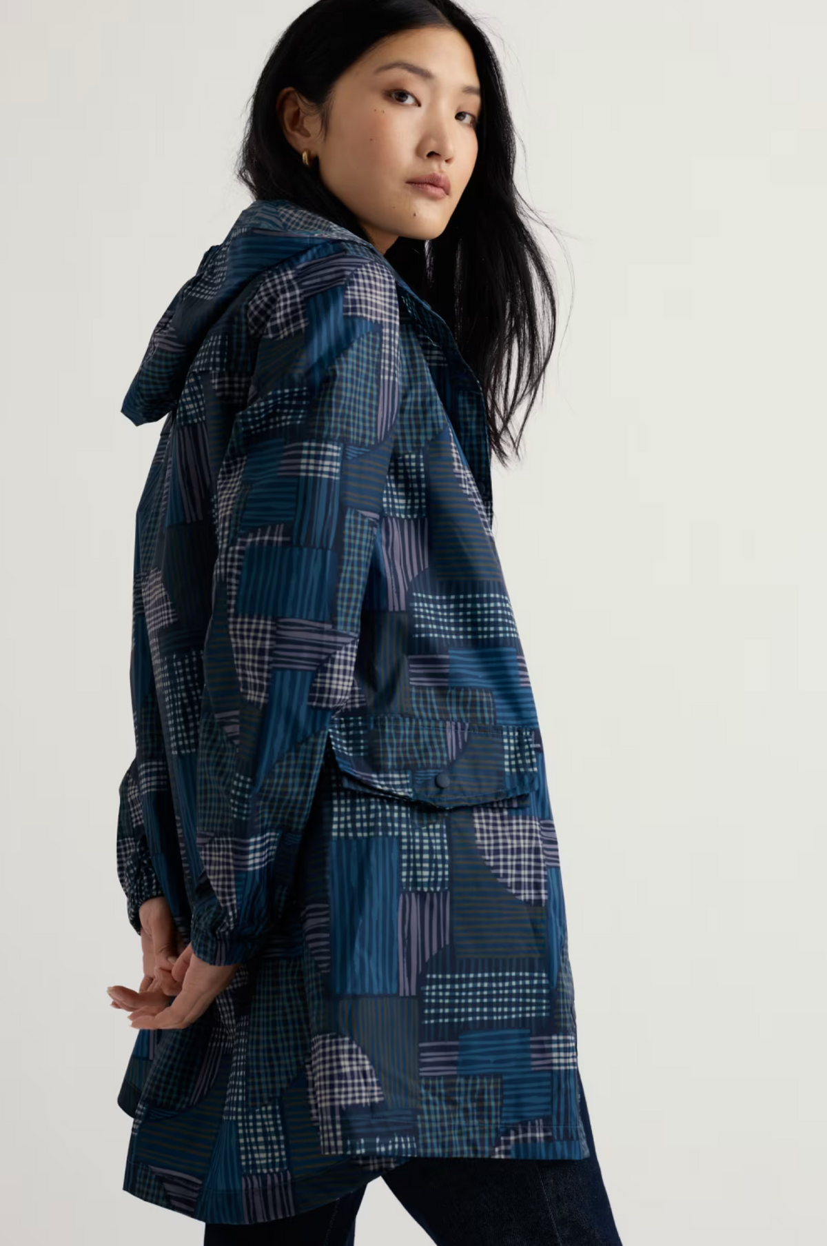 Seasalt Cornwall Packable Raincoat in Inked Patchwork Maritime