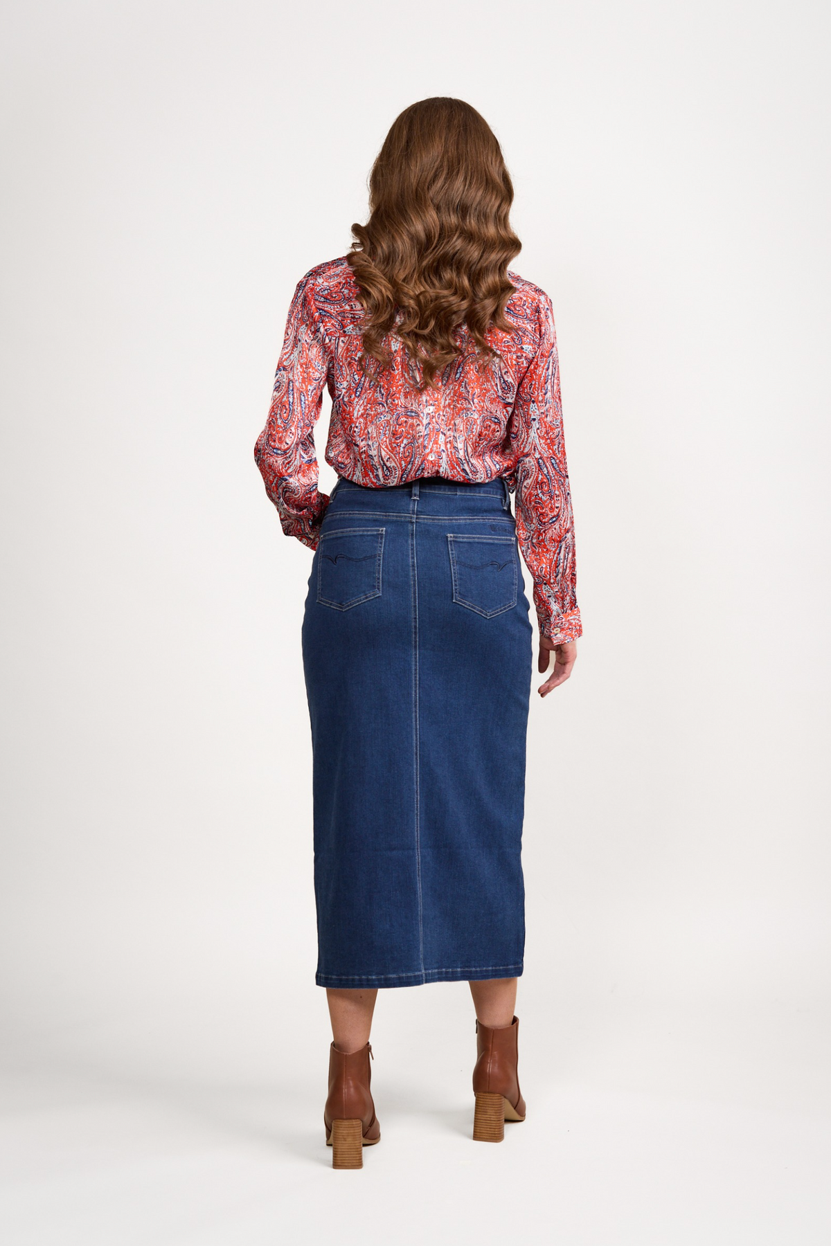 Vassalli Mid Length Skirt with Centre Front Split in Blue Denim
