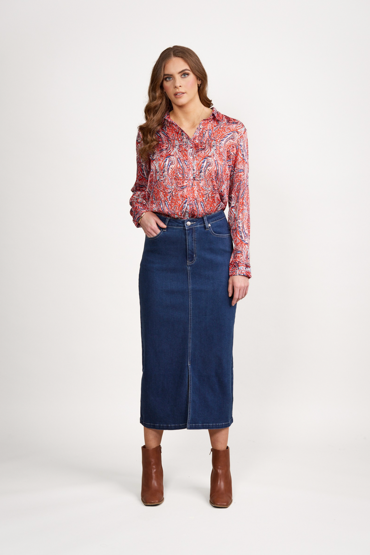 Vassalli Mid Length Skirt with Centre Front Split in Blue Denim
