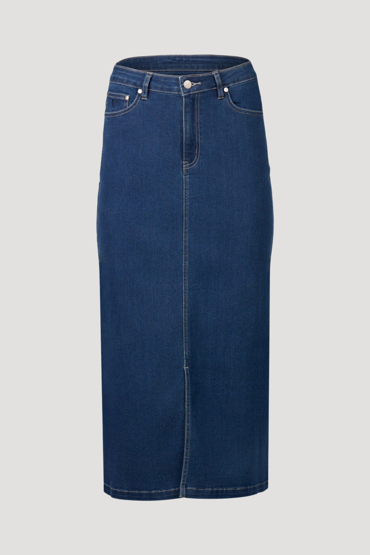 Vassalli Mid Length Skirt with Centre Front Split in Blue Denim