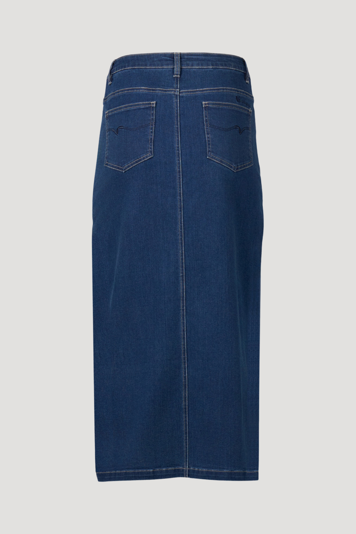 Vassalli Mid Length Skirt with Centre Front Split in Blue Denim