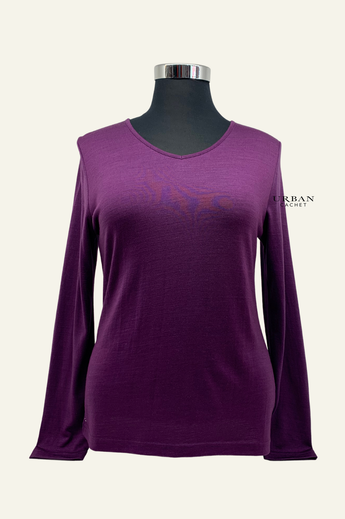 Ebony Merino Wool Self Trim V Neck Top in Italian Plum