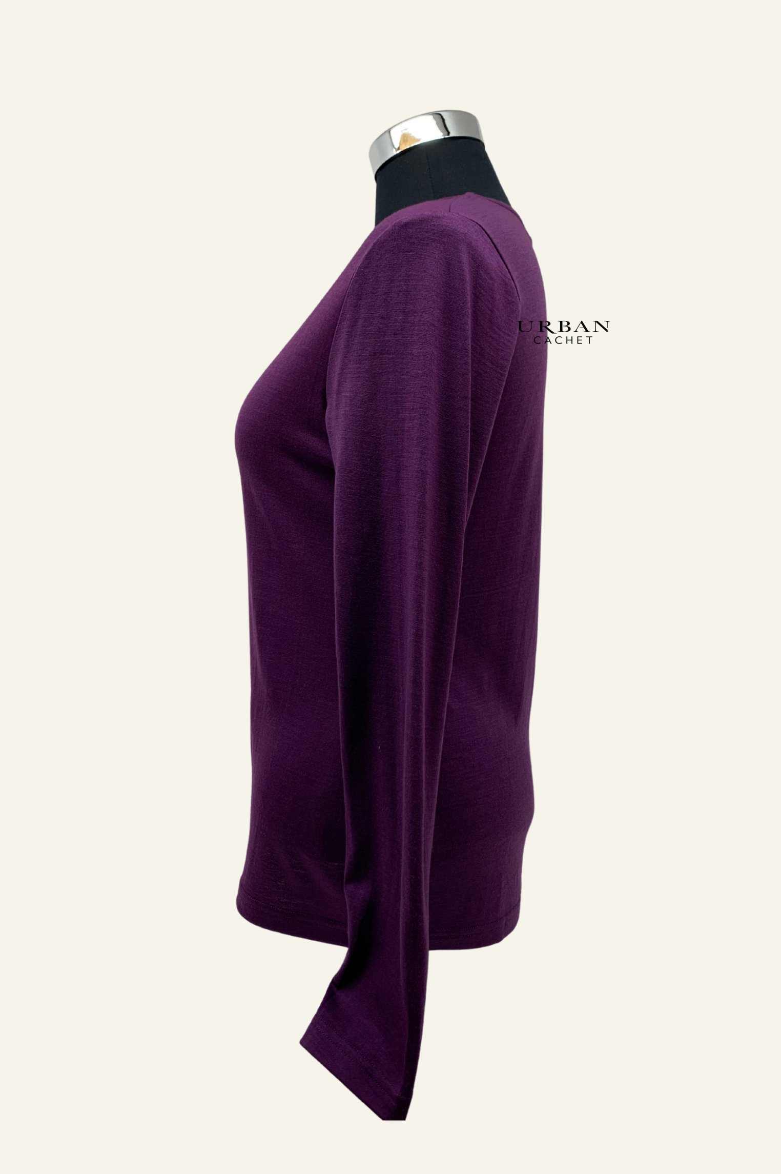 Ebony Merino Wool Self Trim V Neck Top in Italian Plum