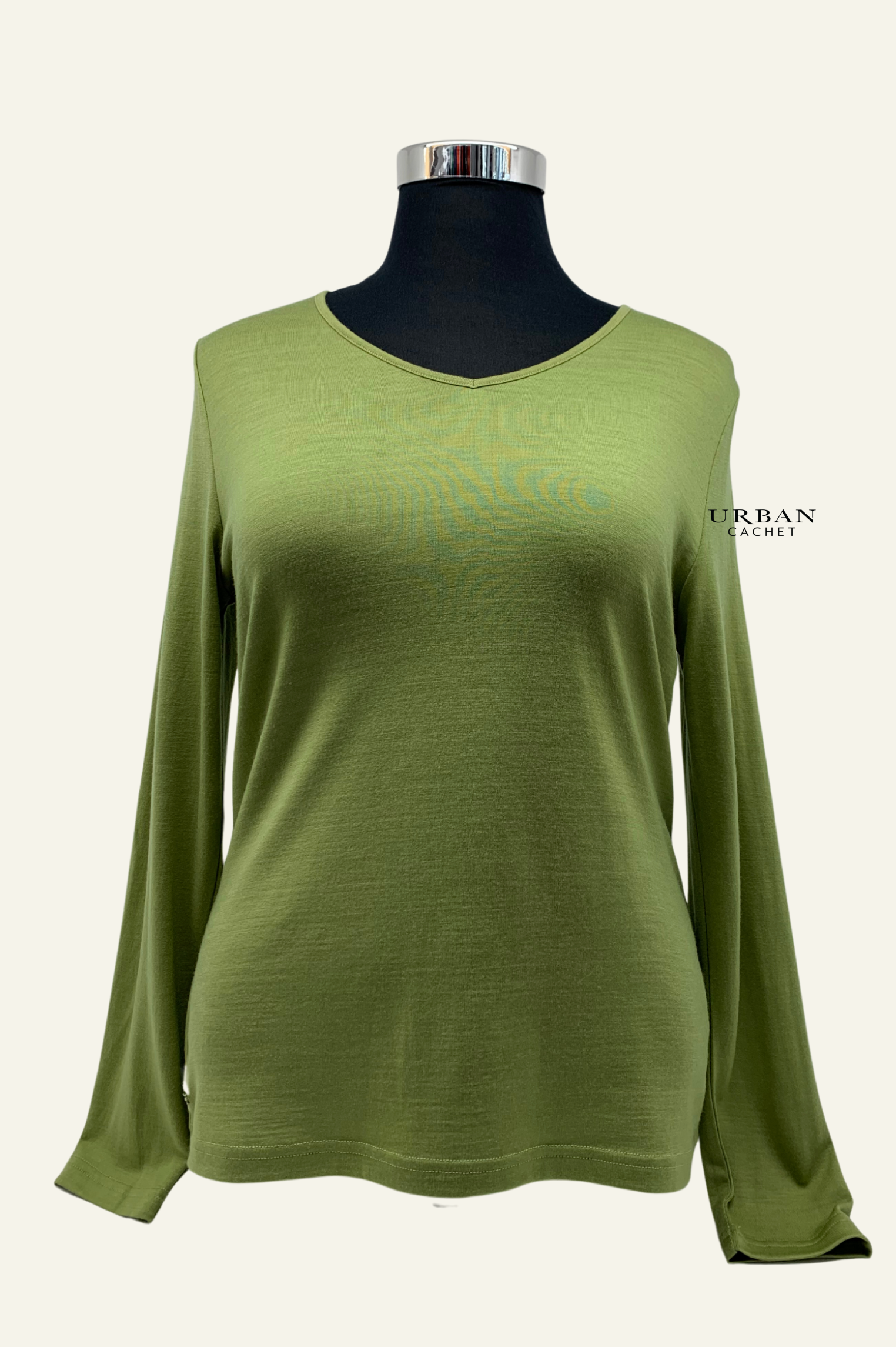Ebony Merino Wool Self Trim V Neck Top in Summer Pear
