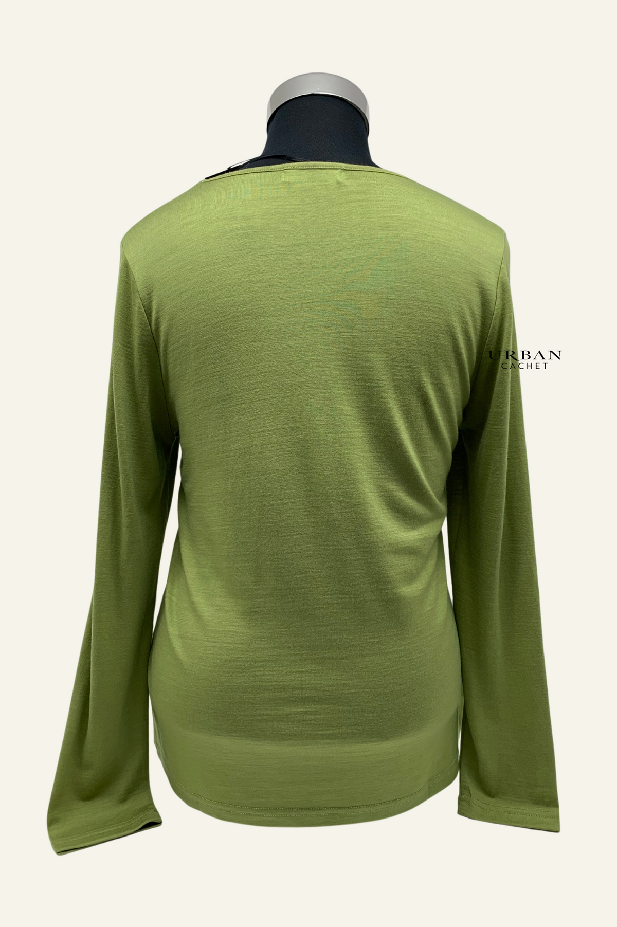 Ebony Merino Wool Self Trim V Neck Top in Summer Pear