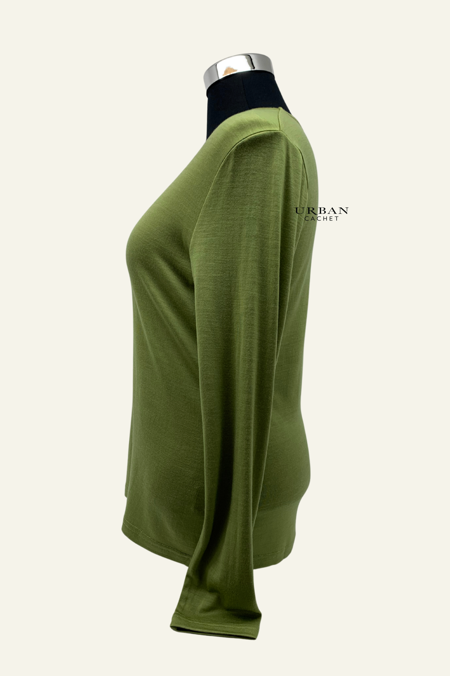 Ebony Merino Wool Self Trim V Neck Top in Summer Pear