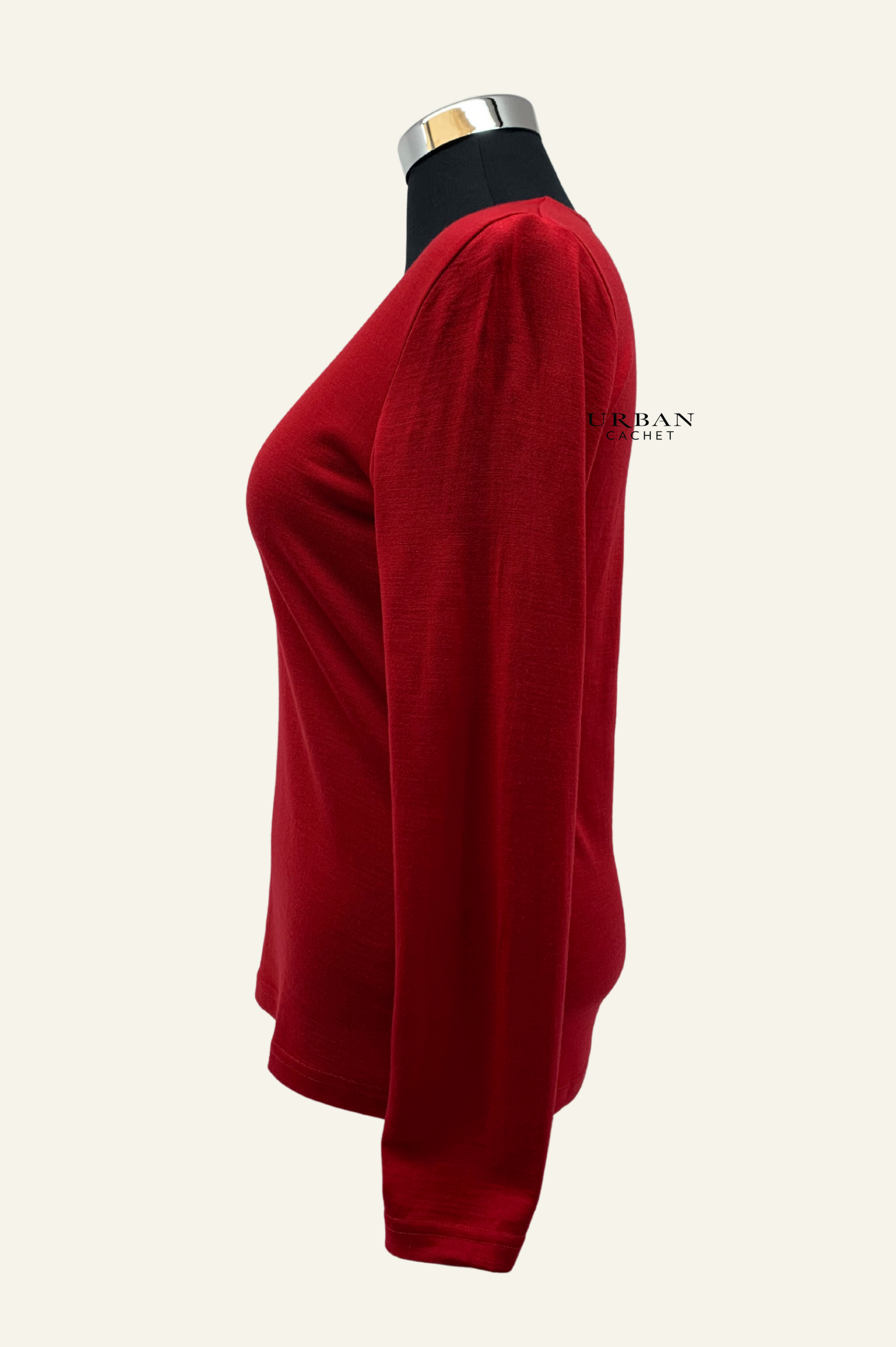 Ebony Merino Wool Self Trim V Neck Top in Ruby