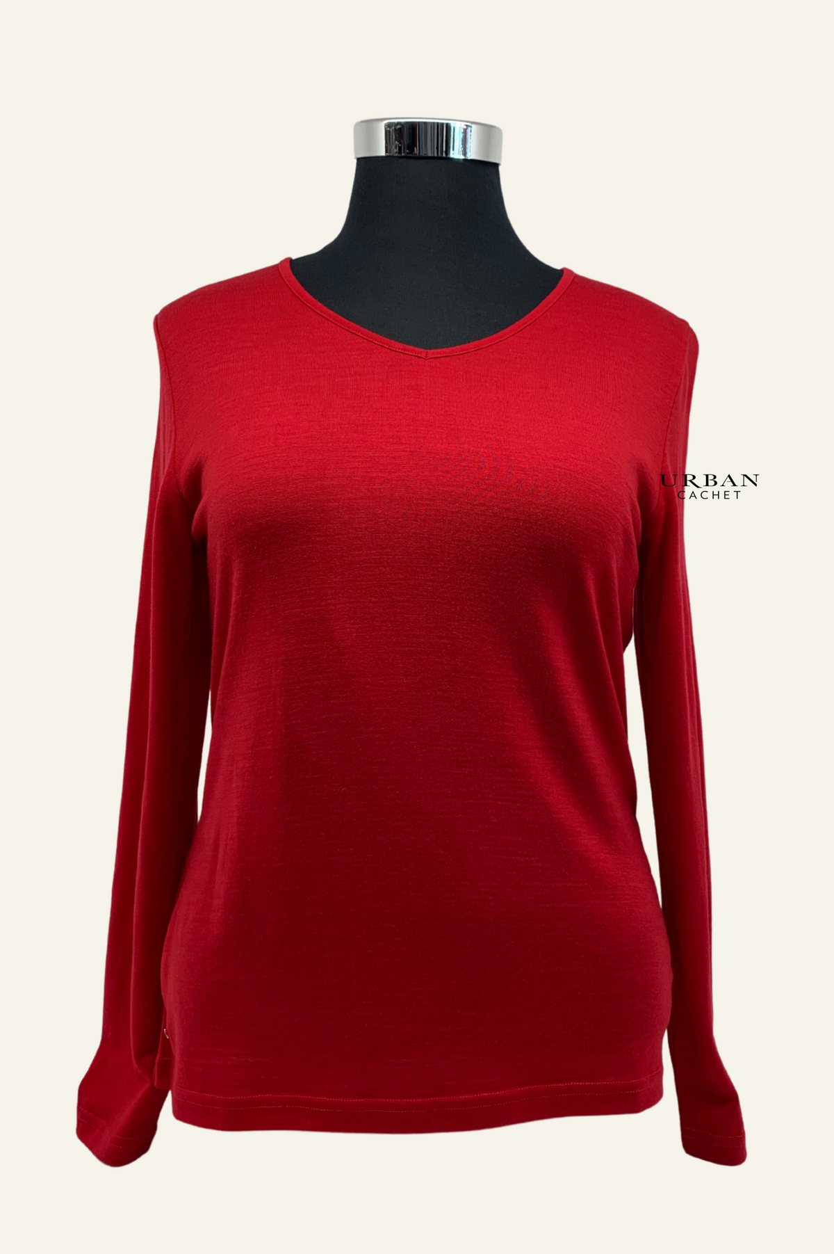 Ebony Merino Wool Self Trim V Neck Top in Ruby