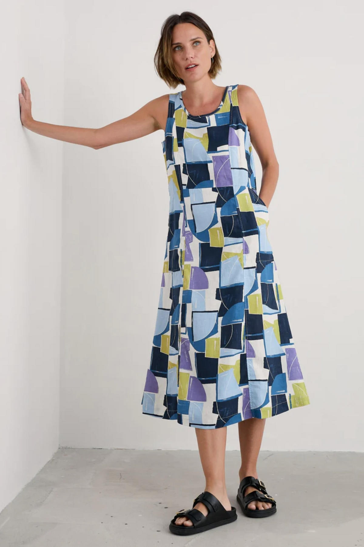 Seasalt Cornwall Sleeveless Grass Wave Dress in Block Shapes Bilberry