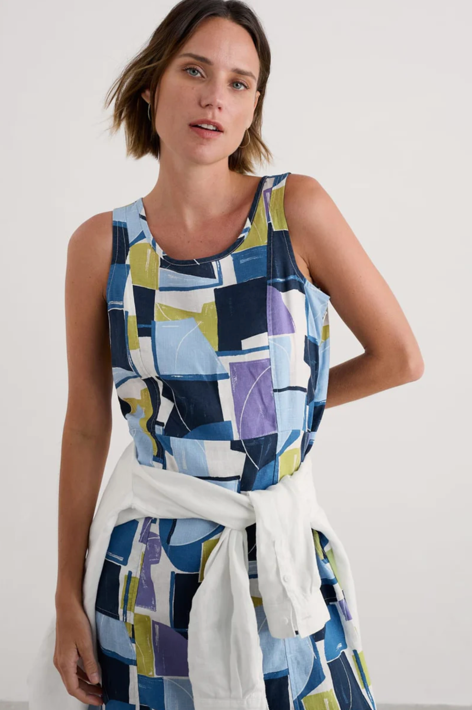 Seasalt Cornwall Sleeveless Grass Wave Dress in Block Shapes Bilberry
