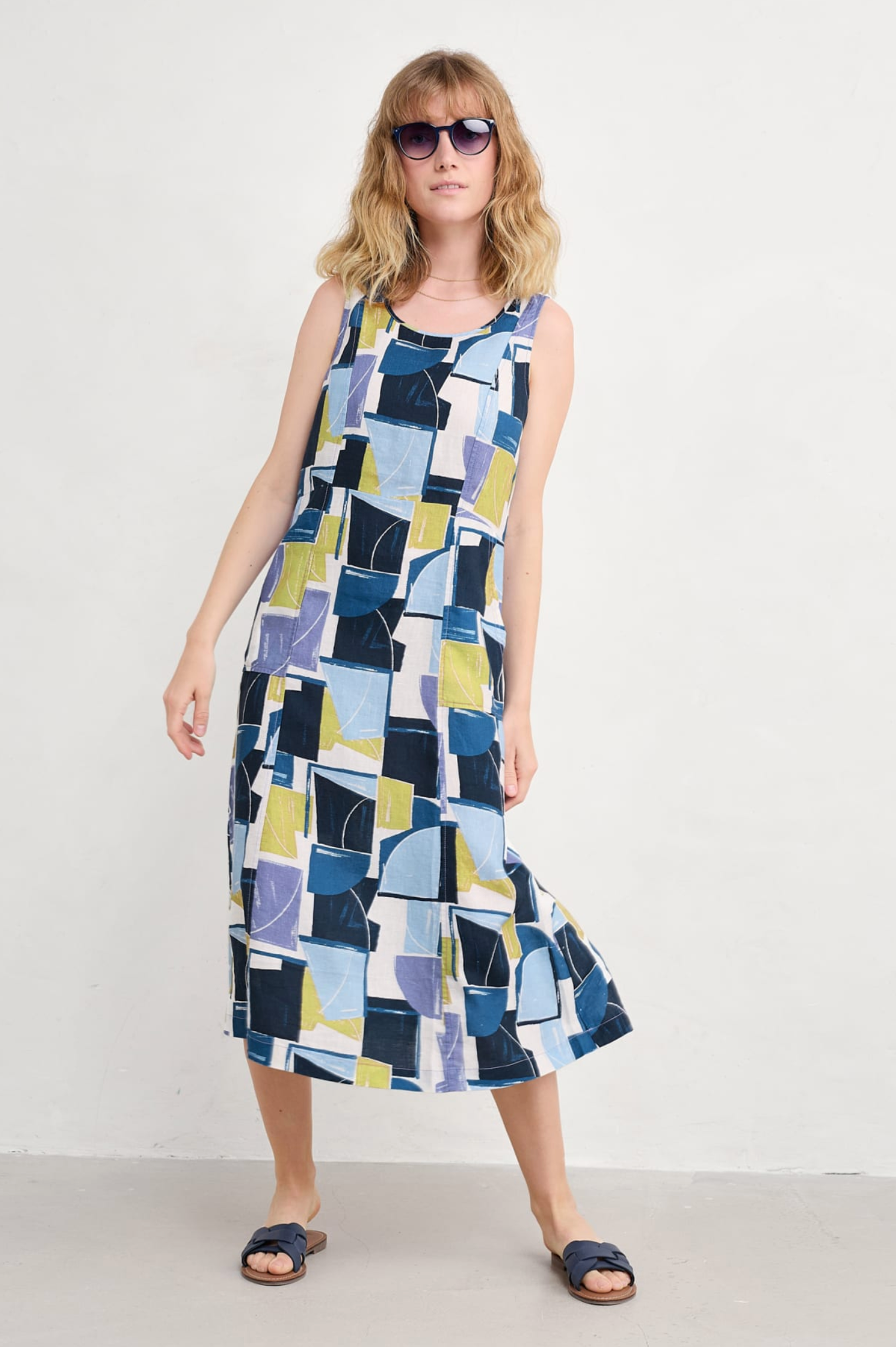 Seasalt Cornwall Sleeveless Grass Wave Dress in Block Shapes Bilberry