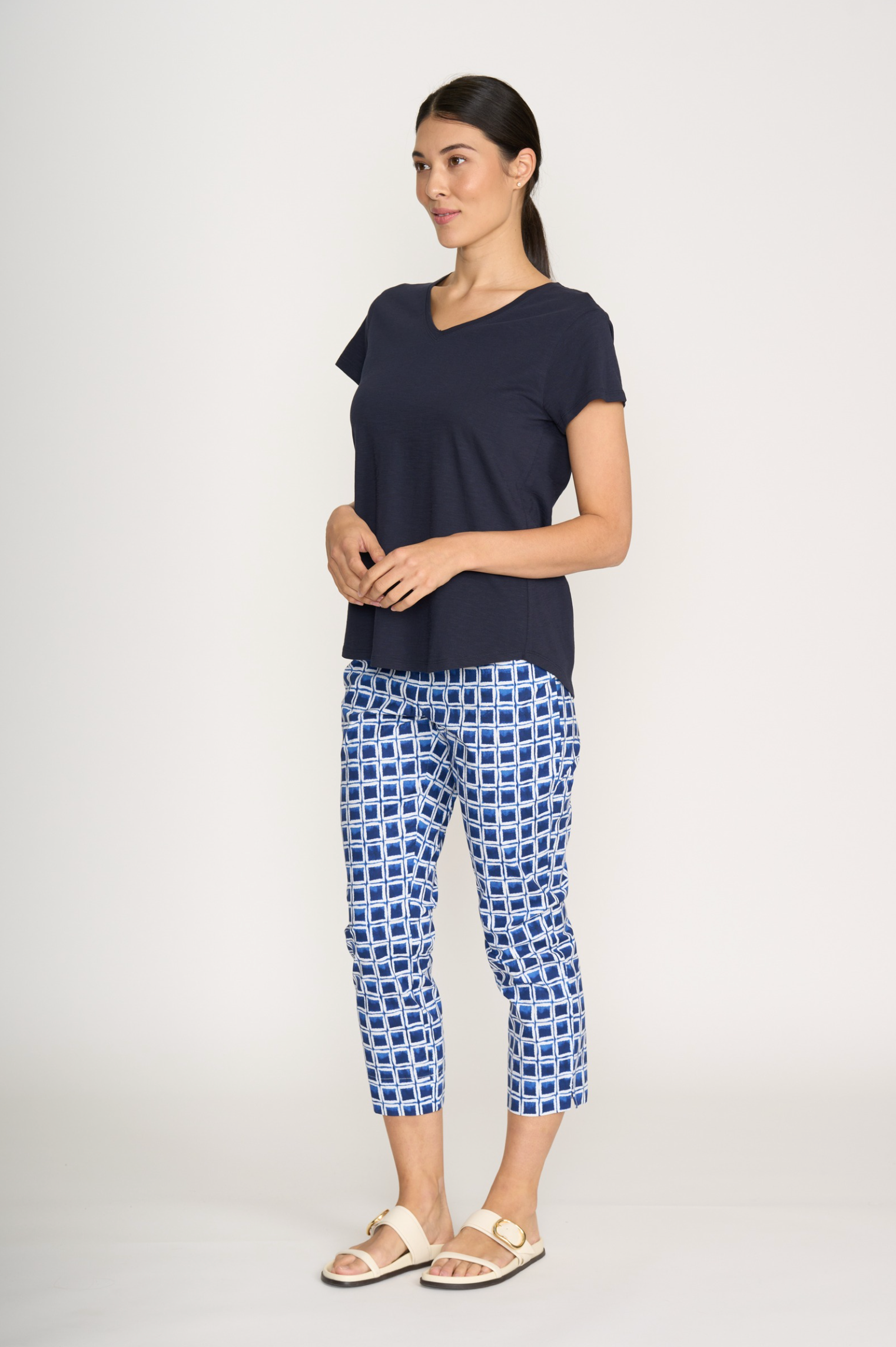 Foil Fuss Free Taper Trapeze Capri Pant in Block Buster Print