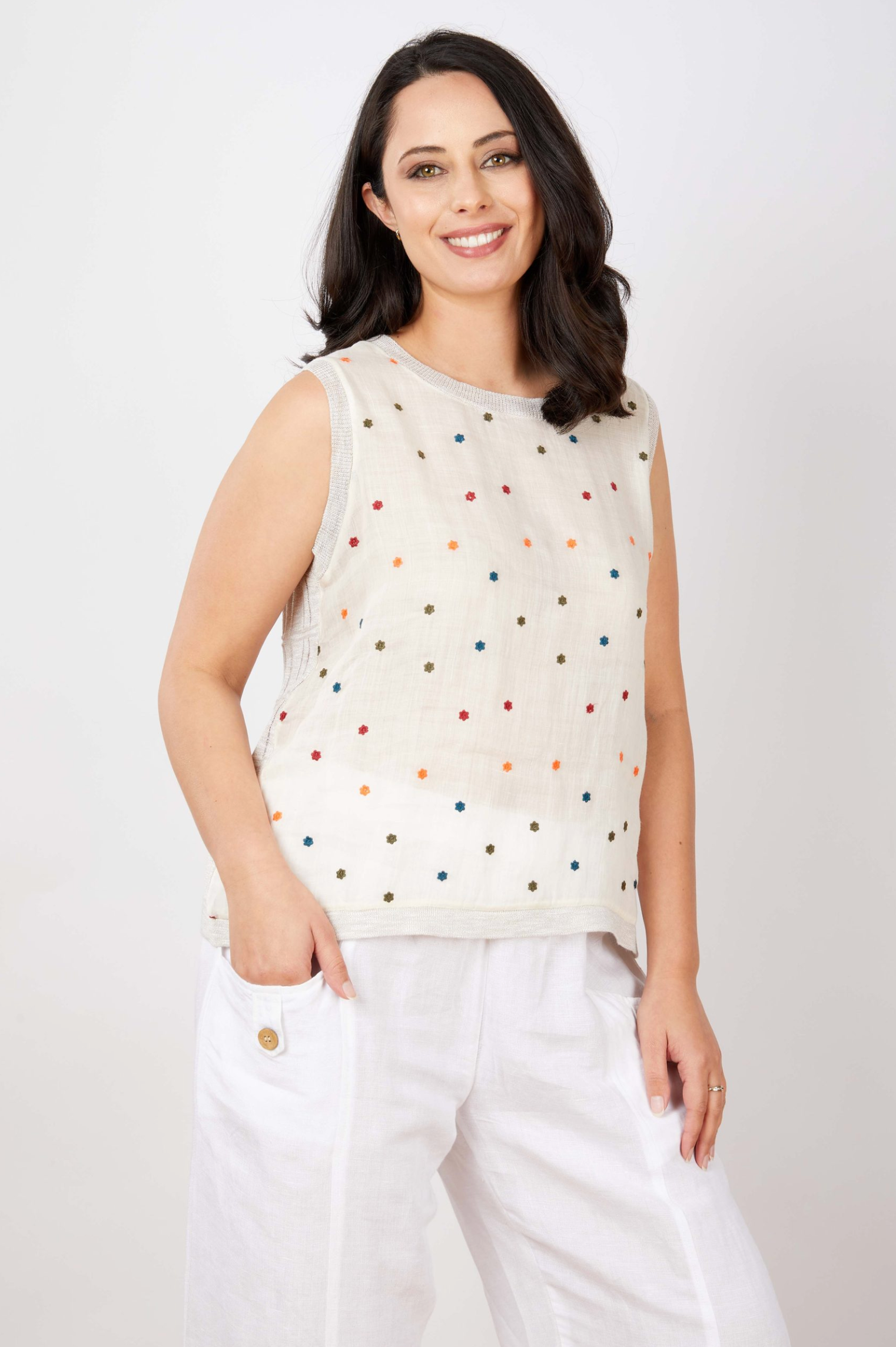 JJ Sisters Confetti Silk Linen Tank in Oatmeal