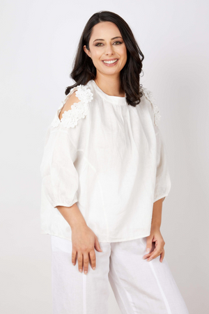 JJ Sisters Fleur Cut-Out Linen Top in White