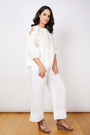 JJ Sisters Fleur Cut-Out Linen Top in White