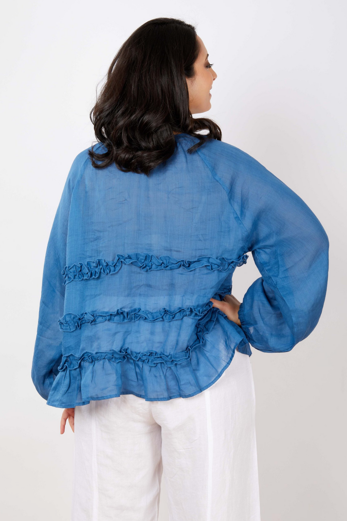JJ Sisters Cascade Ruffle Silk Linen Top in Aegean Blue