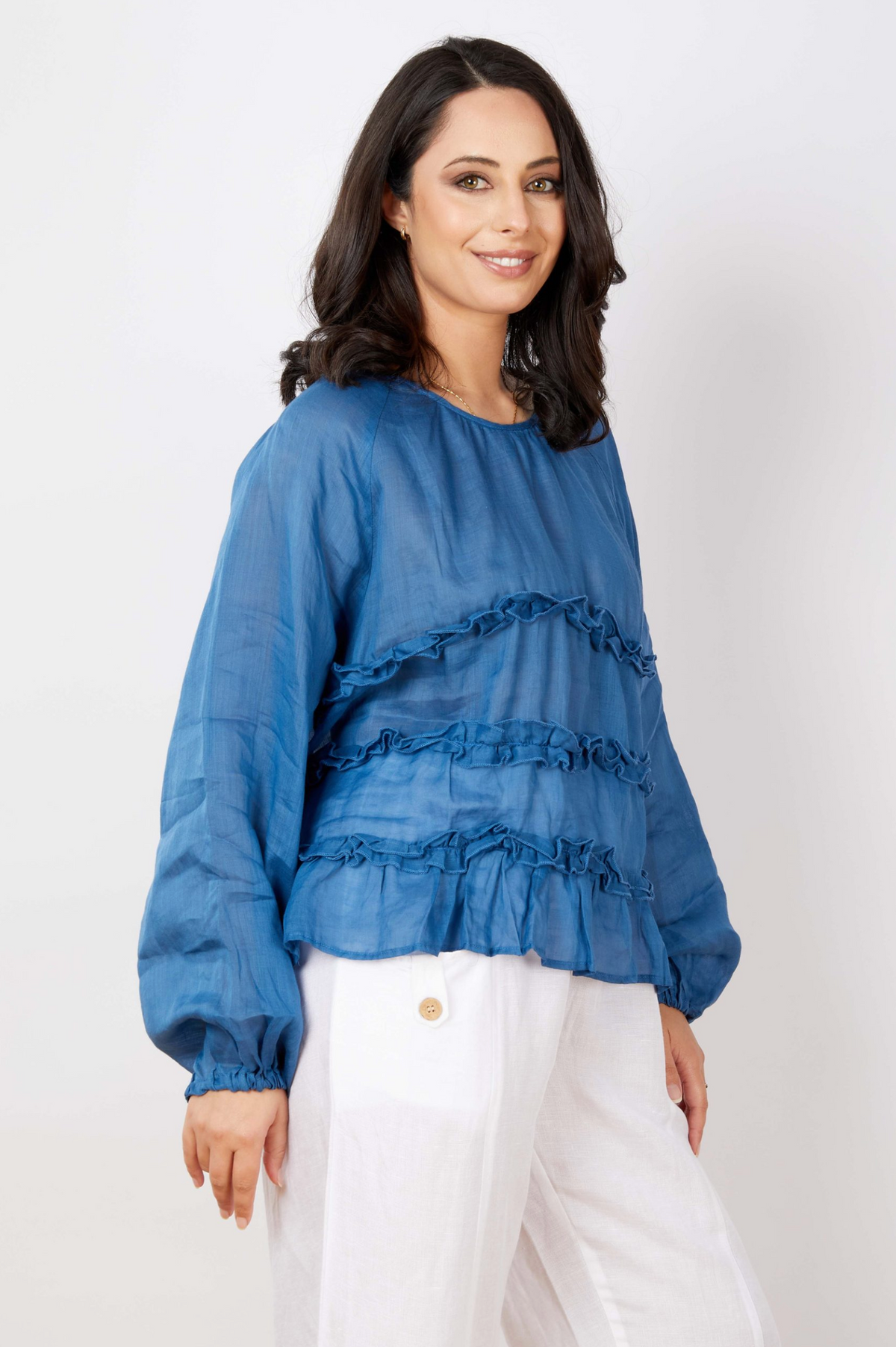 JJ Sisters Cascade Ruffle Silk Linen Top in Aegean Blue
