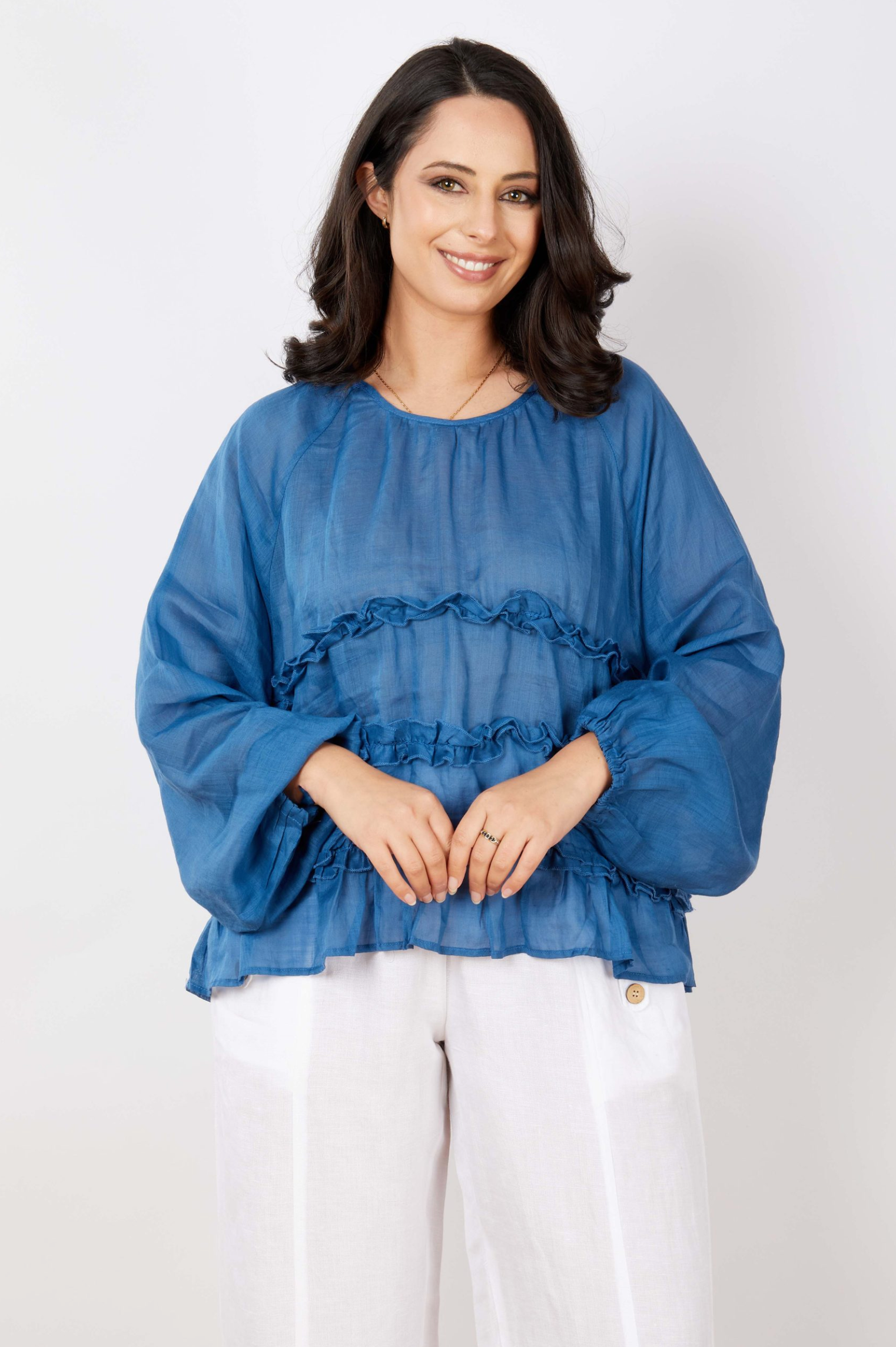 JJ Sisters Cascade Ruffle Silk Linen Top in Aegean Blue