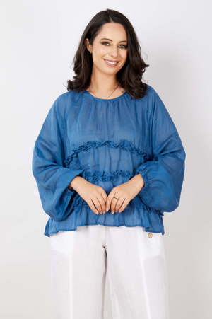 JJ Sisters Cascade Ruffle Silk Linen Top in Aegean Blue