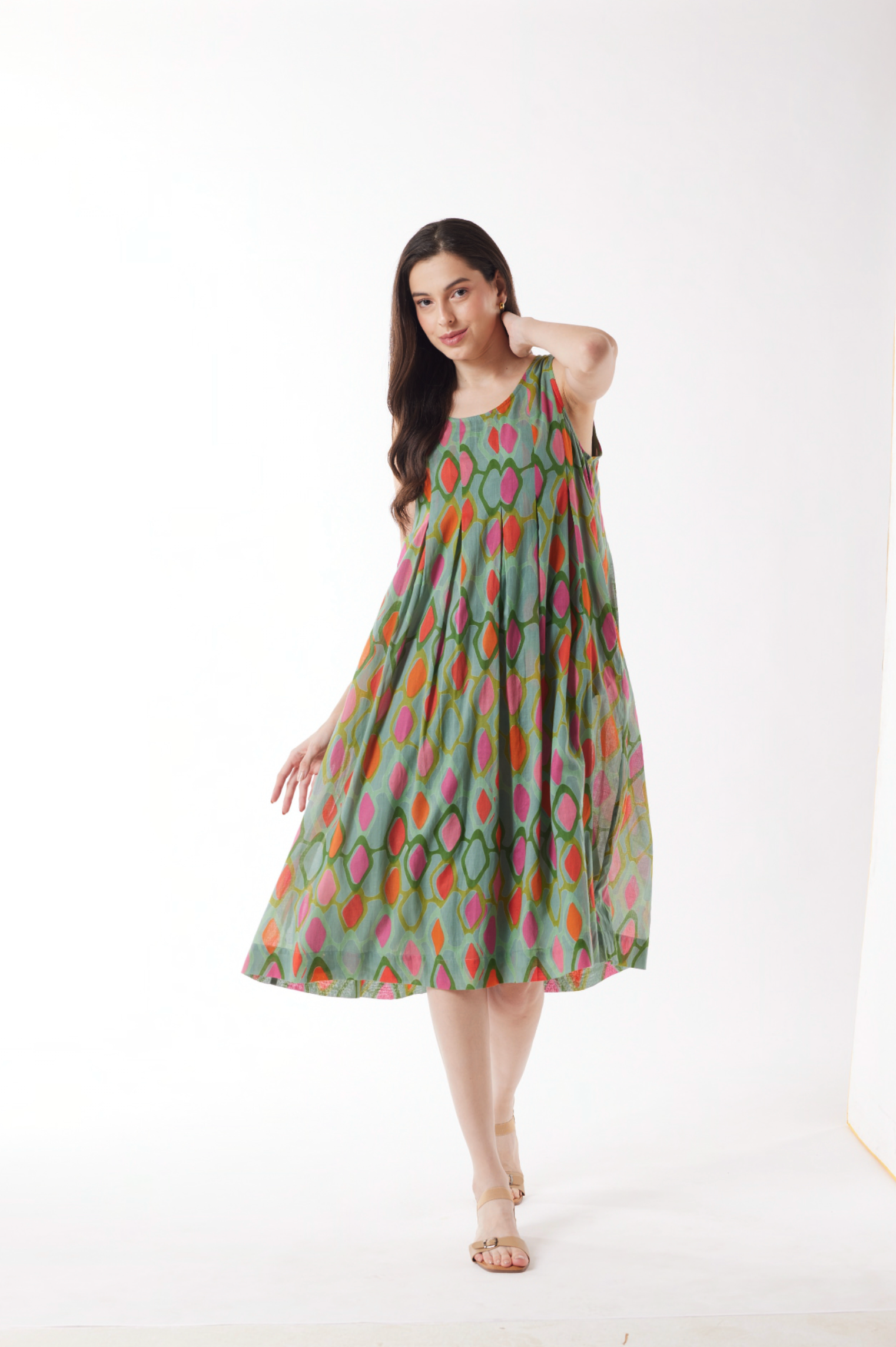 Au Hasard D'un Voyage Carnaval Sleeveless Swing Dress in Mint Sorbet