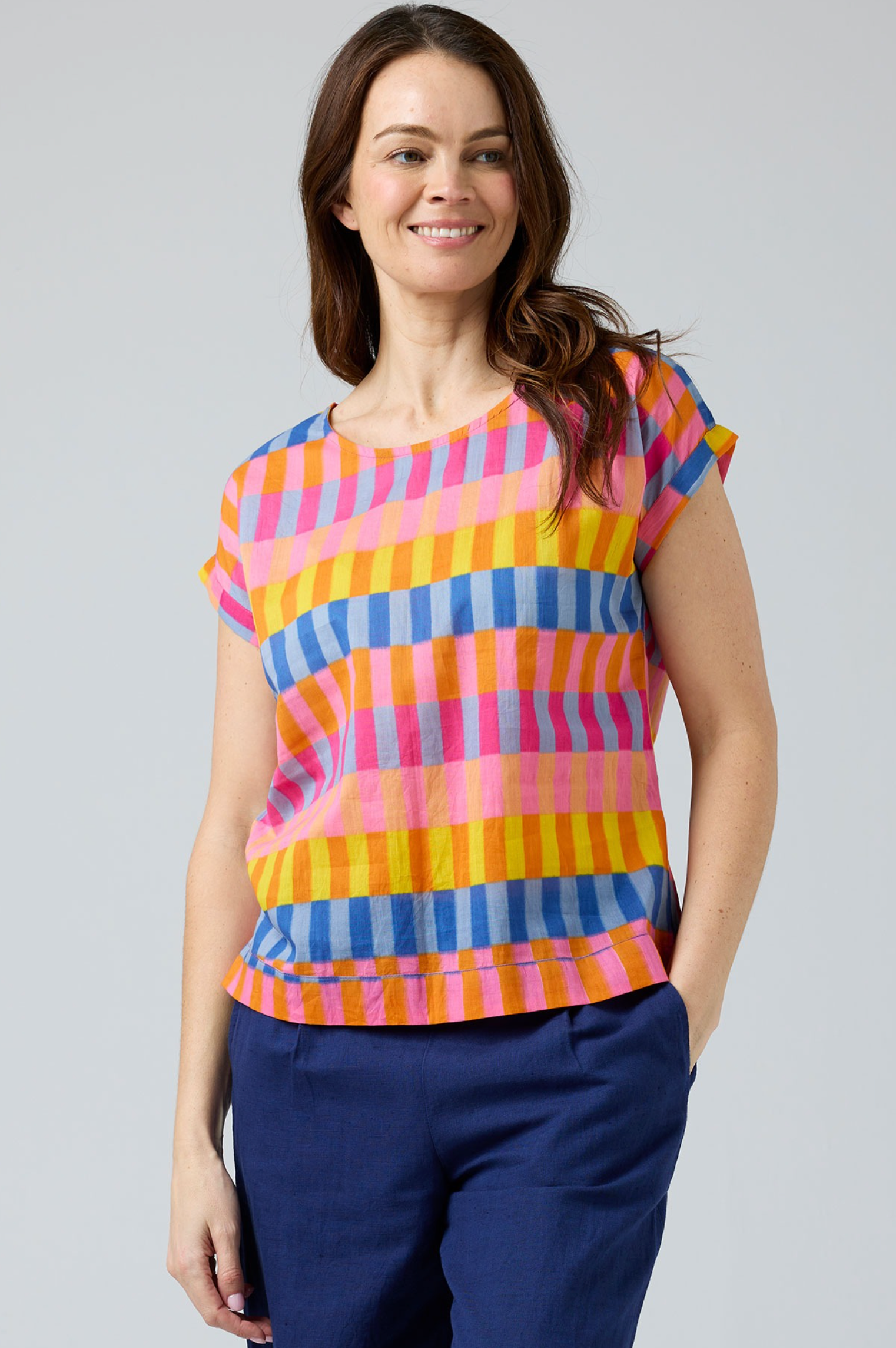 CAKE Vicky Round Neck Cotton Top in Pink Block