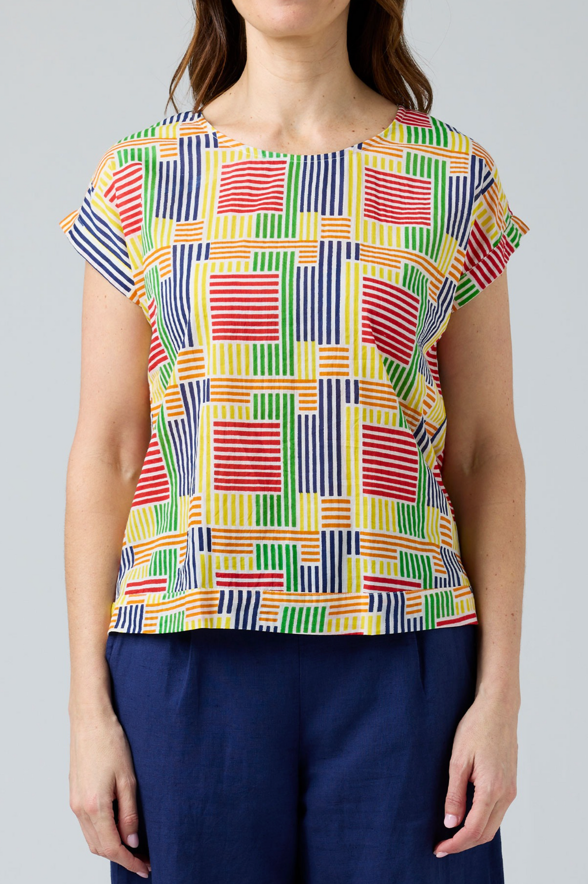 CAKE Vicky Round Neck Cotton Top in Rainbow Stripe