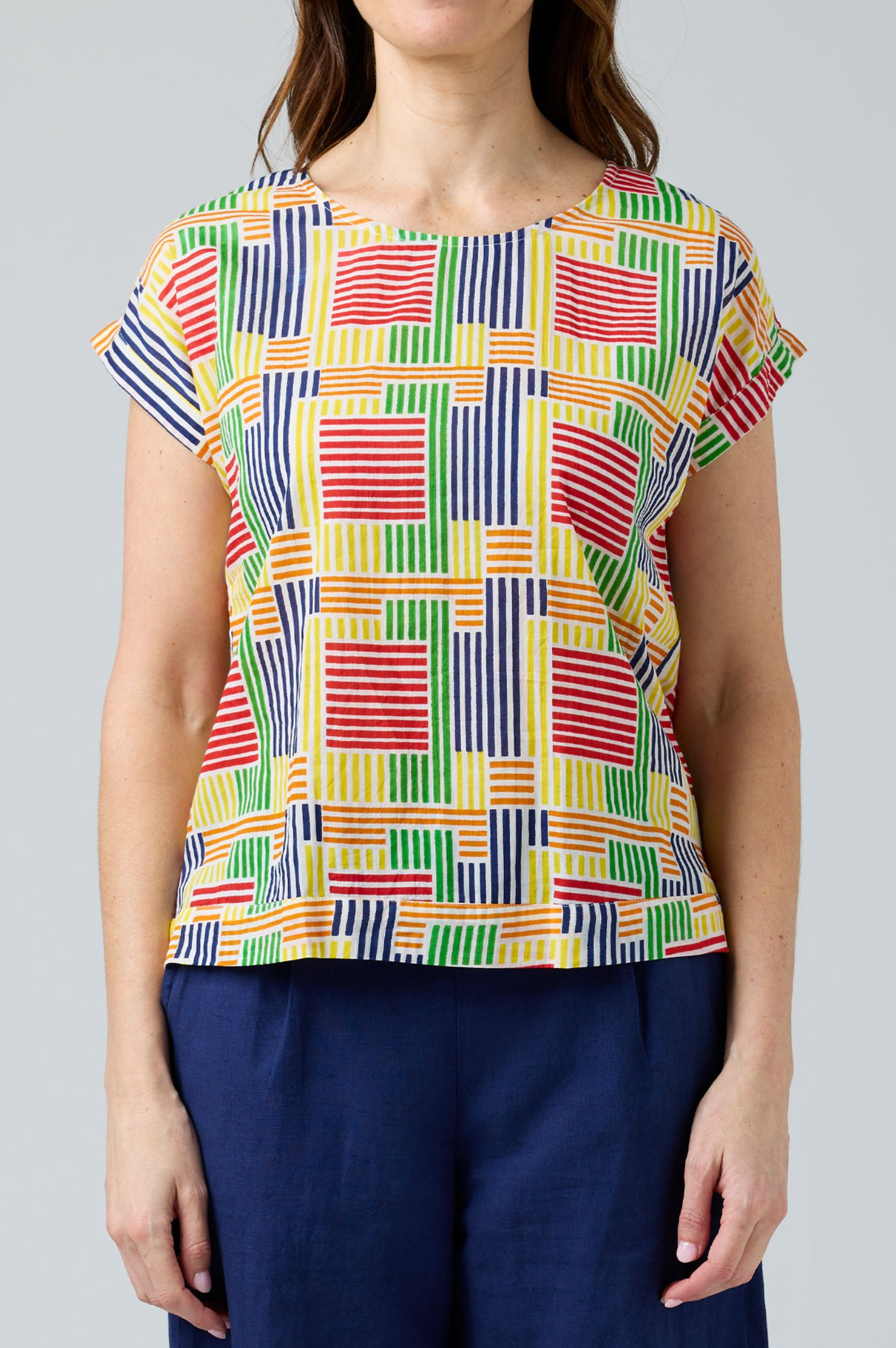 CAKE Vicky Round Neck Cotton Top in Rainbow Stripe