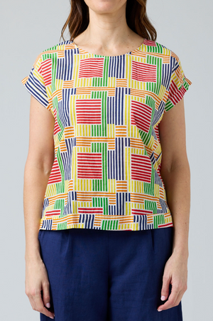 CAKE Vicky Round Neck Cotton Top in Rainbow Stripe
