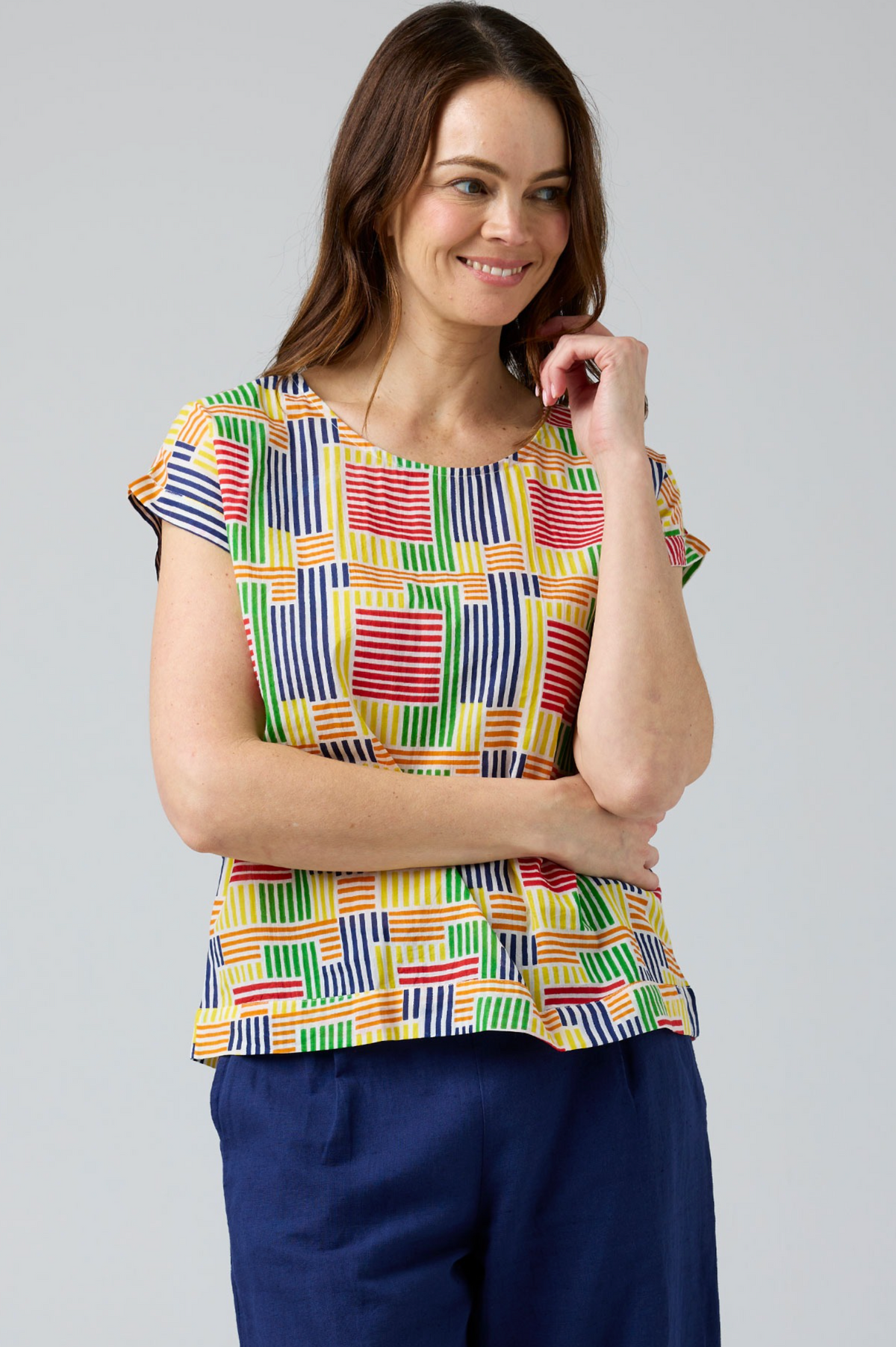 CAKE Vicky Round Neck Cotton Top in Rainbow Stripe