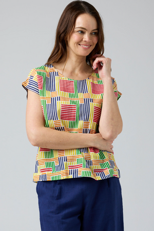 CAKE Vicky Round Neck Cotton Top in Rainbow Stripe