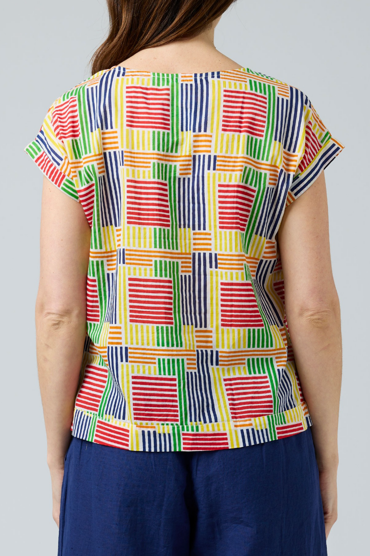 CAKE Vicky Round Neck Cotton Top in Rainbow Stripe