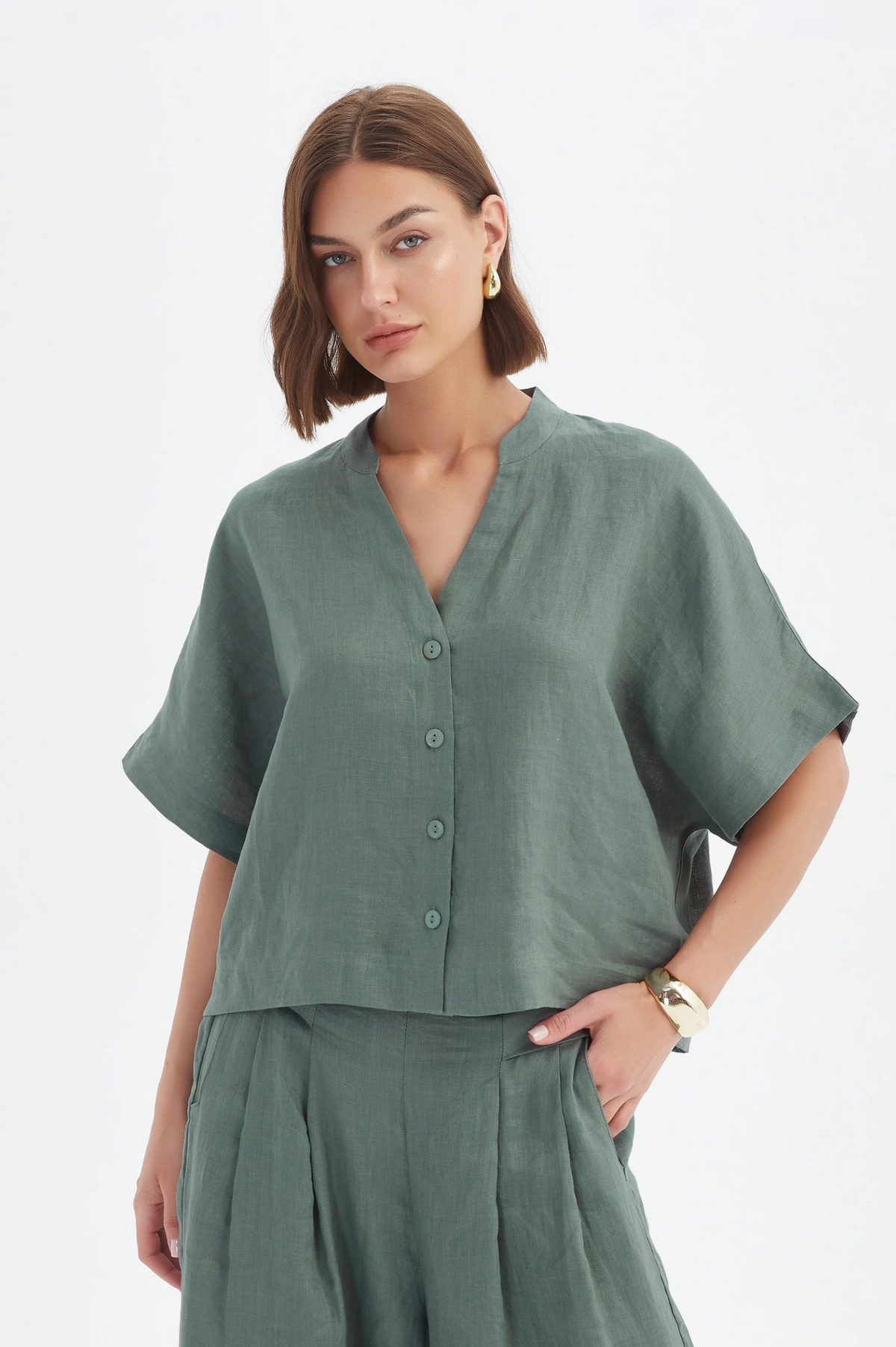 Tirelli Boxy Button Linen Shirt in Petrol
