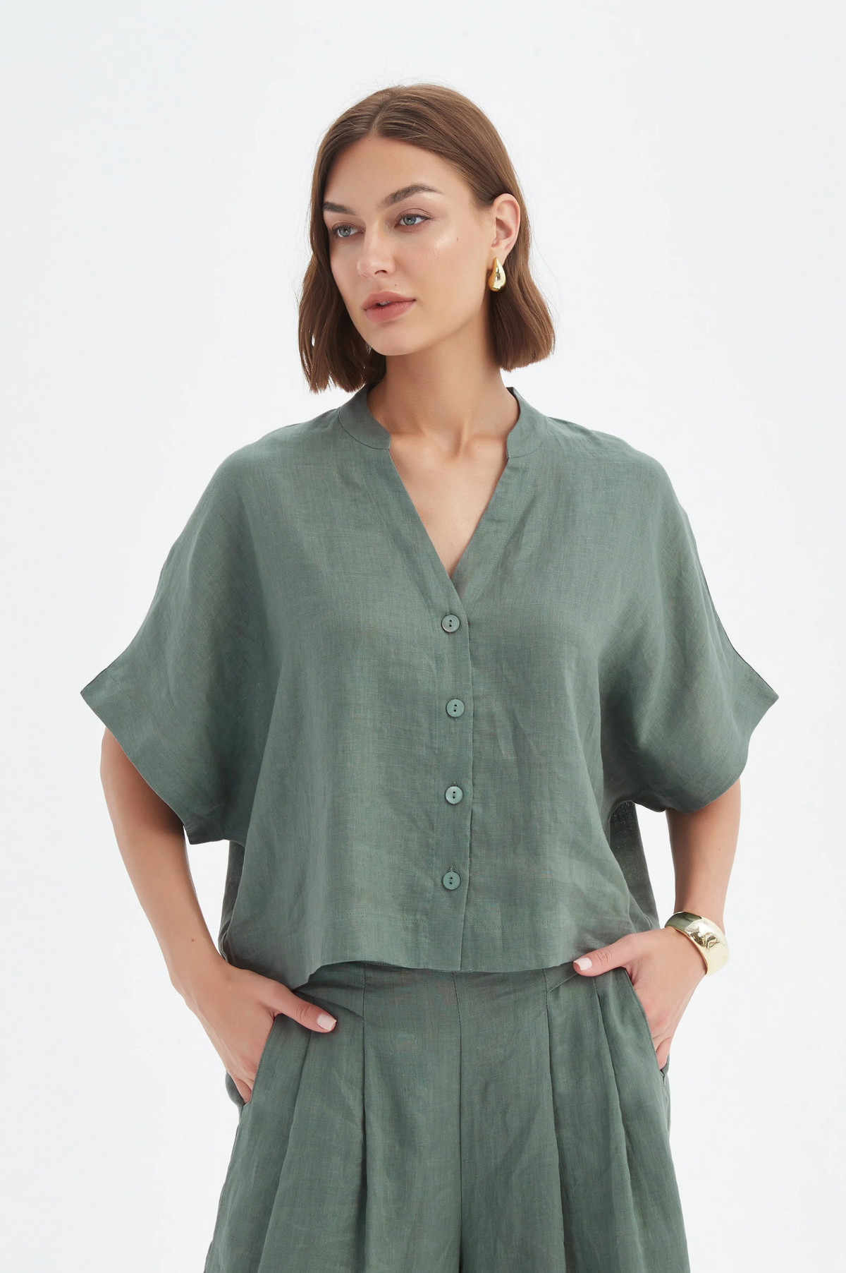 Tirelli Boxy Button Linen Shirt in Petrol