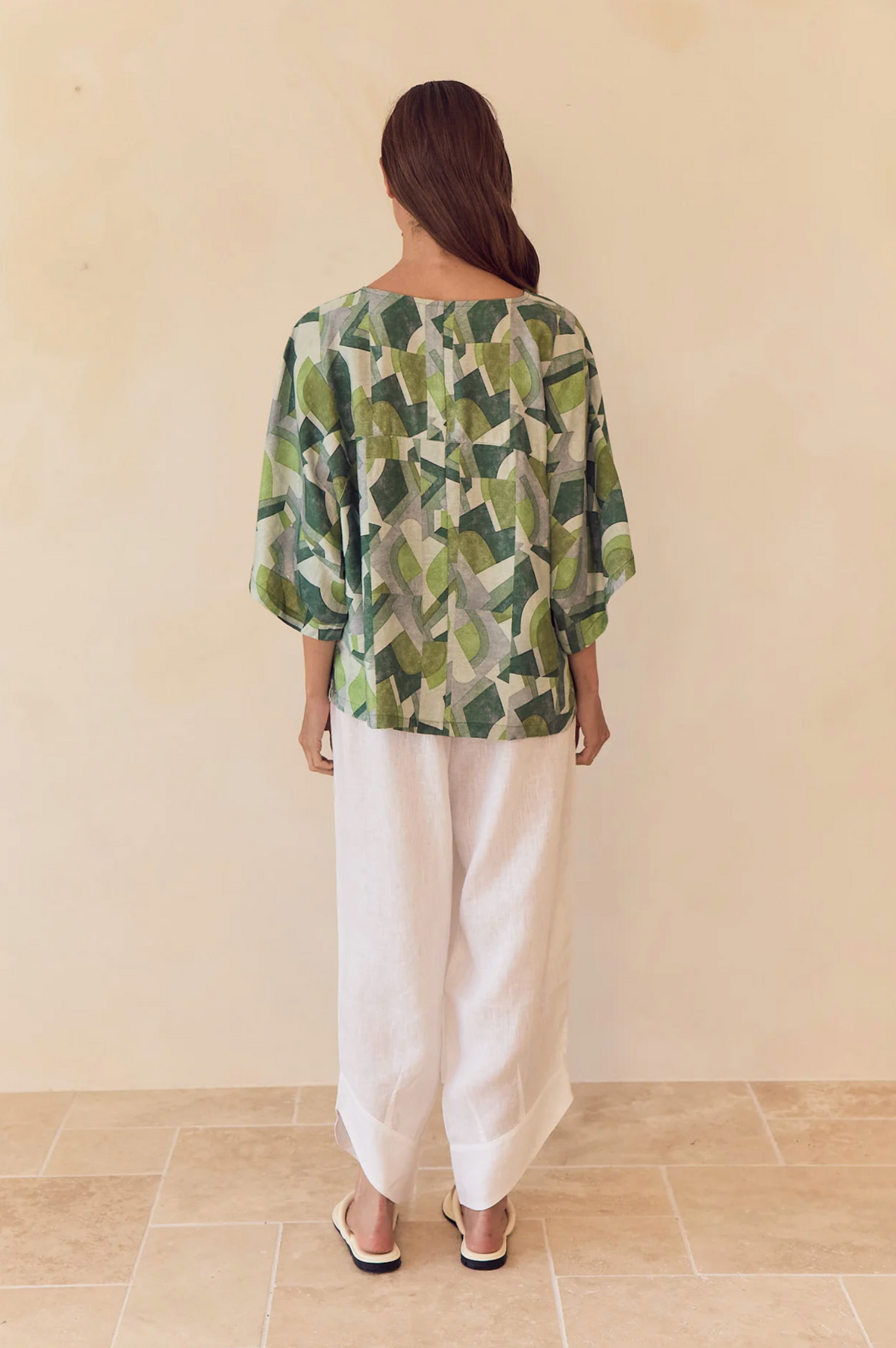 Tirelli Wide Sleeve Print Top in Green Geometric