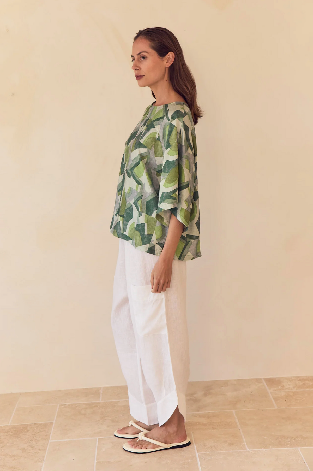 Tirelli Wide Sleeve Print Top in Green Geometric