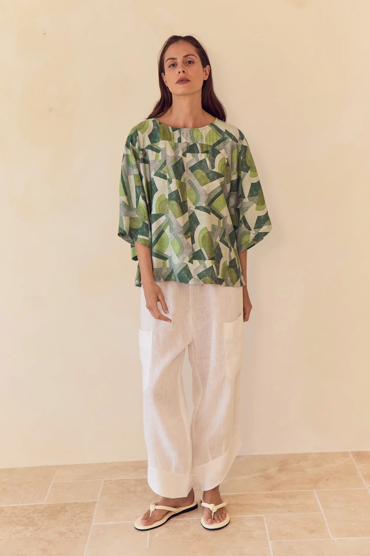 Tirelli Wide Sleeve Print Top in Green Geometric