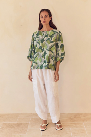 Tirelli Wide Sleeve Print Top in Green Geometric
