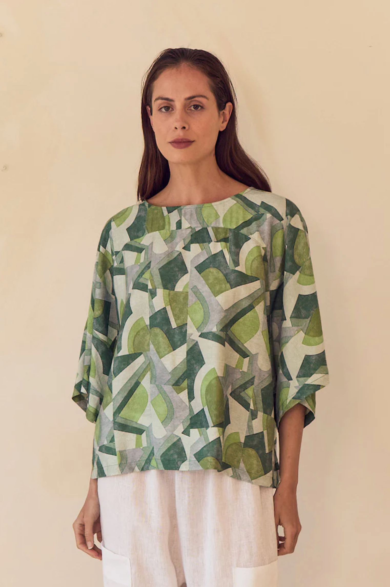 Tirelli Wide Sleeve Print Top in Green Geometric