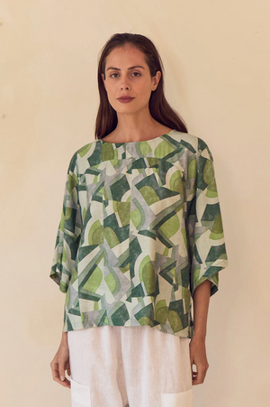 Tirelli Wide Sleeve Print Top in Green Geometric