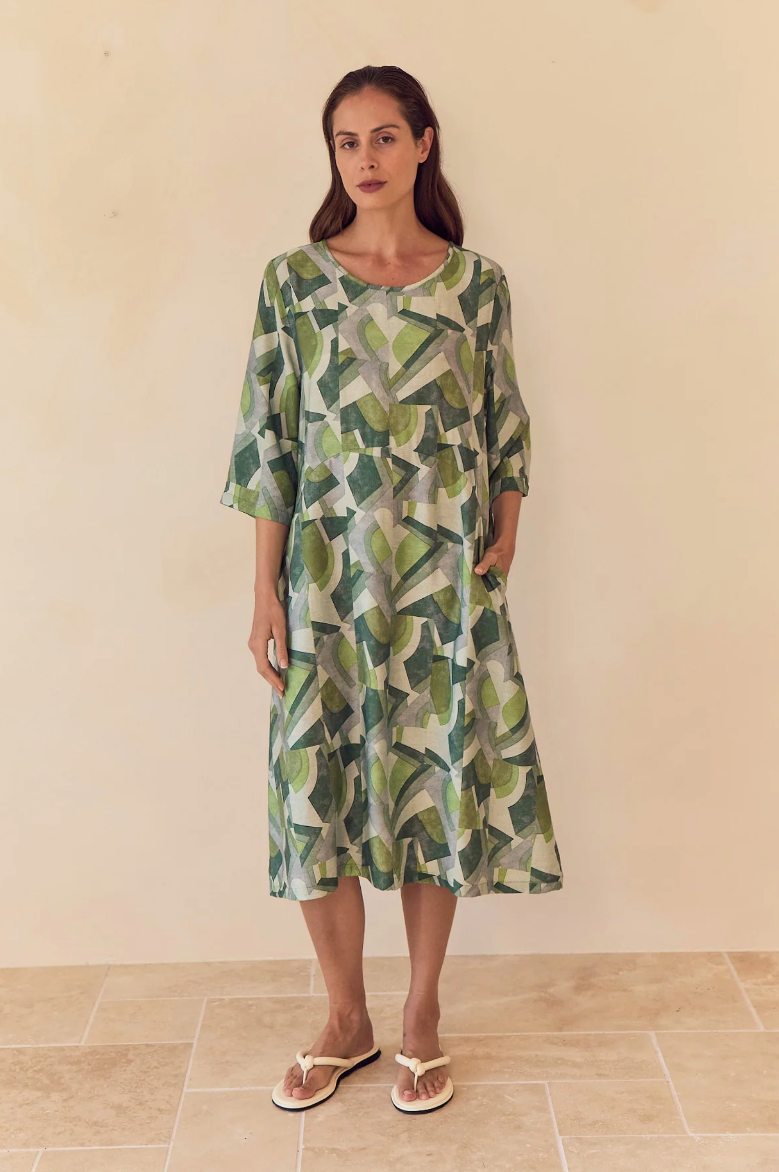 Tirelli Curve Seam Print Dress in Green Geometric