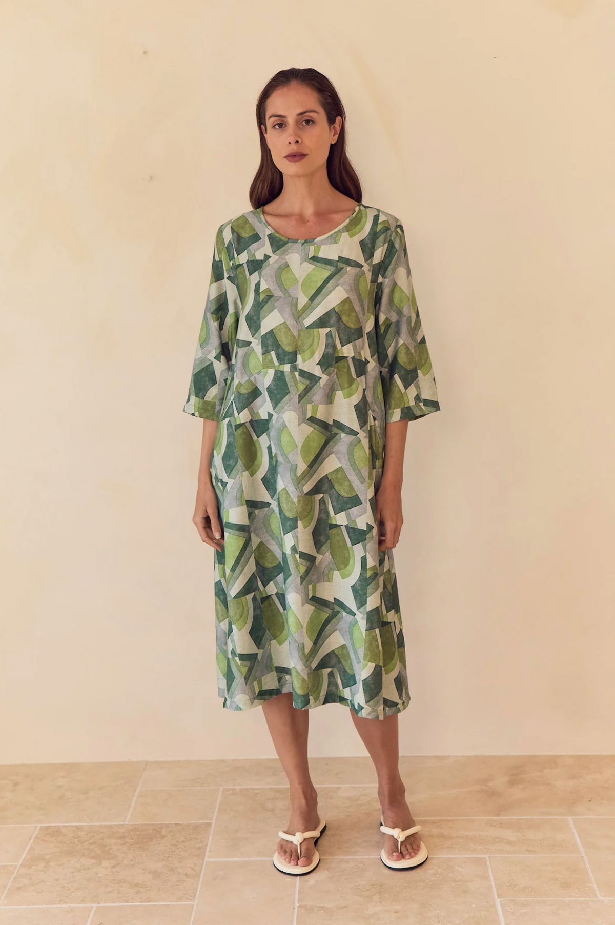 Tirelli Curve Seam Print Dress in Green Geometric