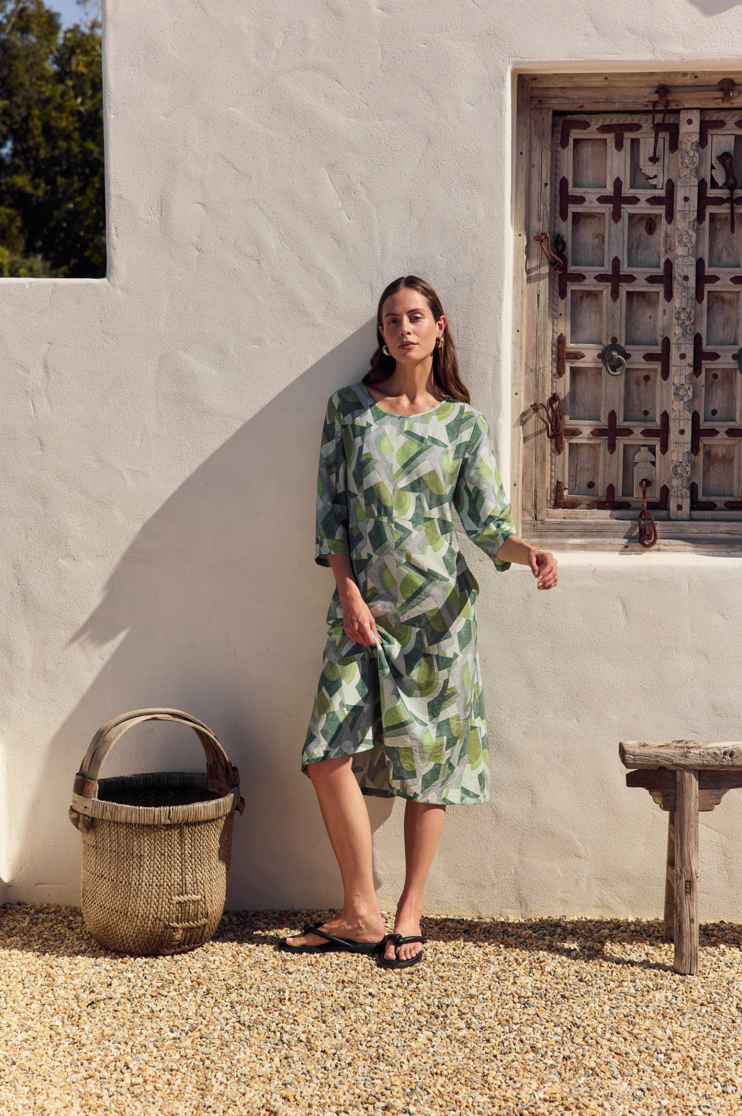 Tirelli Curve Seam Print Dress in Green Geometric