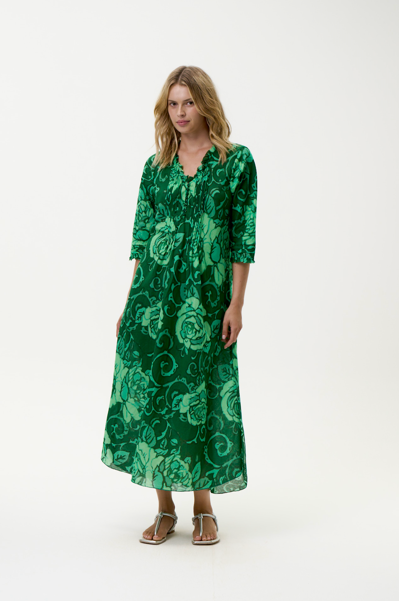Oneseason Long Poppy Dress in Emerald Coast Cotton Green