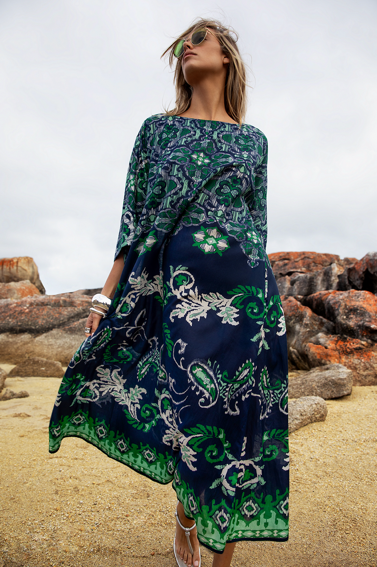 oneseason Jackie Print Isola Sushi Voile in Navy Green