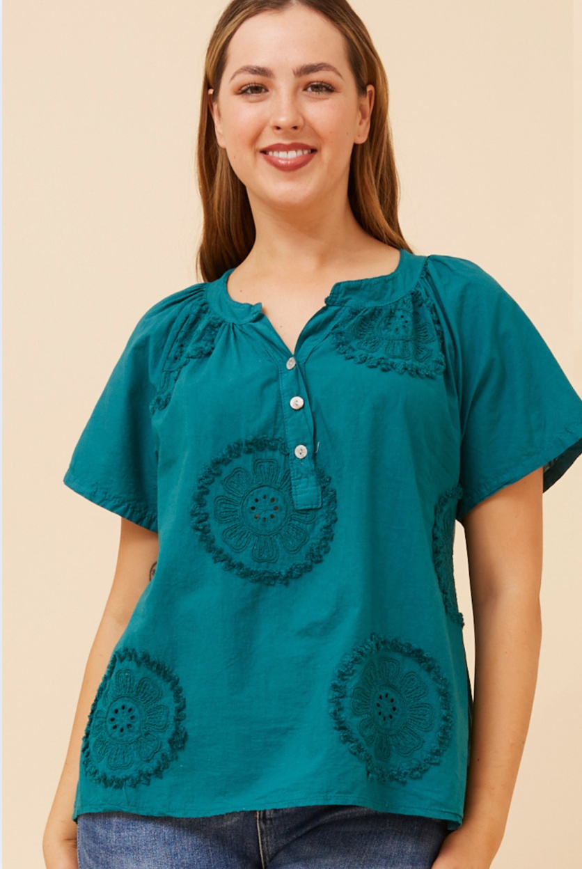 Bottega Moda Short Sleeve Solid Top With Embroidery detail in Lapis
