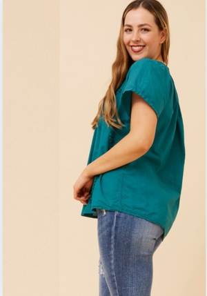 Bottega Moda Short Sleeve Solid Top With Embroidery detail in Lapis