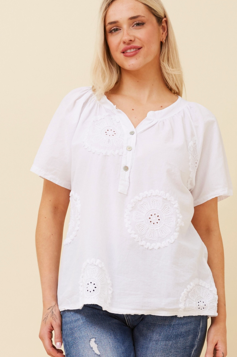 Bottega Moda Short Sleeve Solid Top With Embroidery detail in White