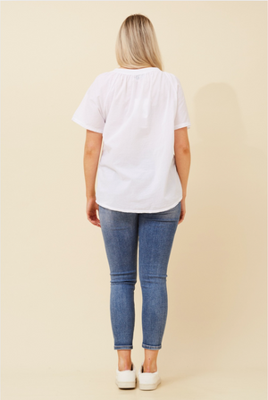 Bottega Moda Short Sleeve Solid Top With Embroidery detail in White