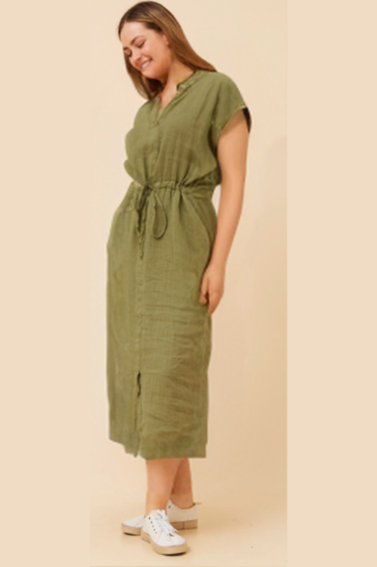 Bottega Moda Cap Sleeve Solid Midi Dress With Front Tie in Khaki
